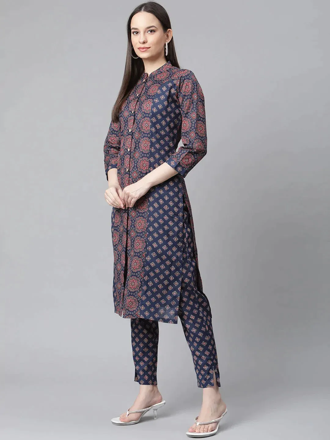 Women Blue & Maroon Printed Regular Pure Cotton Kurta With Trousers & With Dupatta