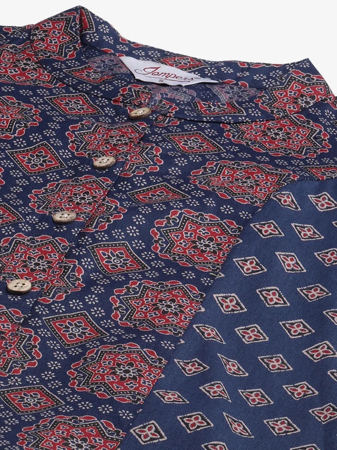 Women Blue & Maroon Printed Regular Pure Cotton Kurta With Trousers & With Dupatta