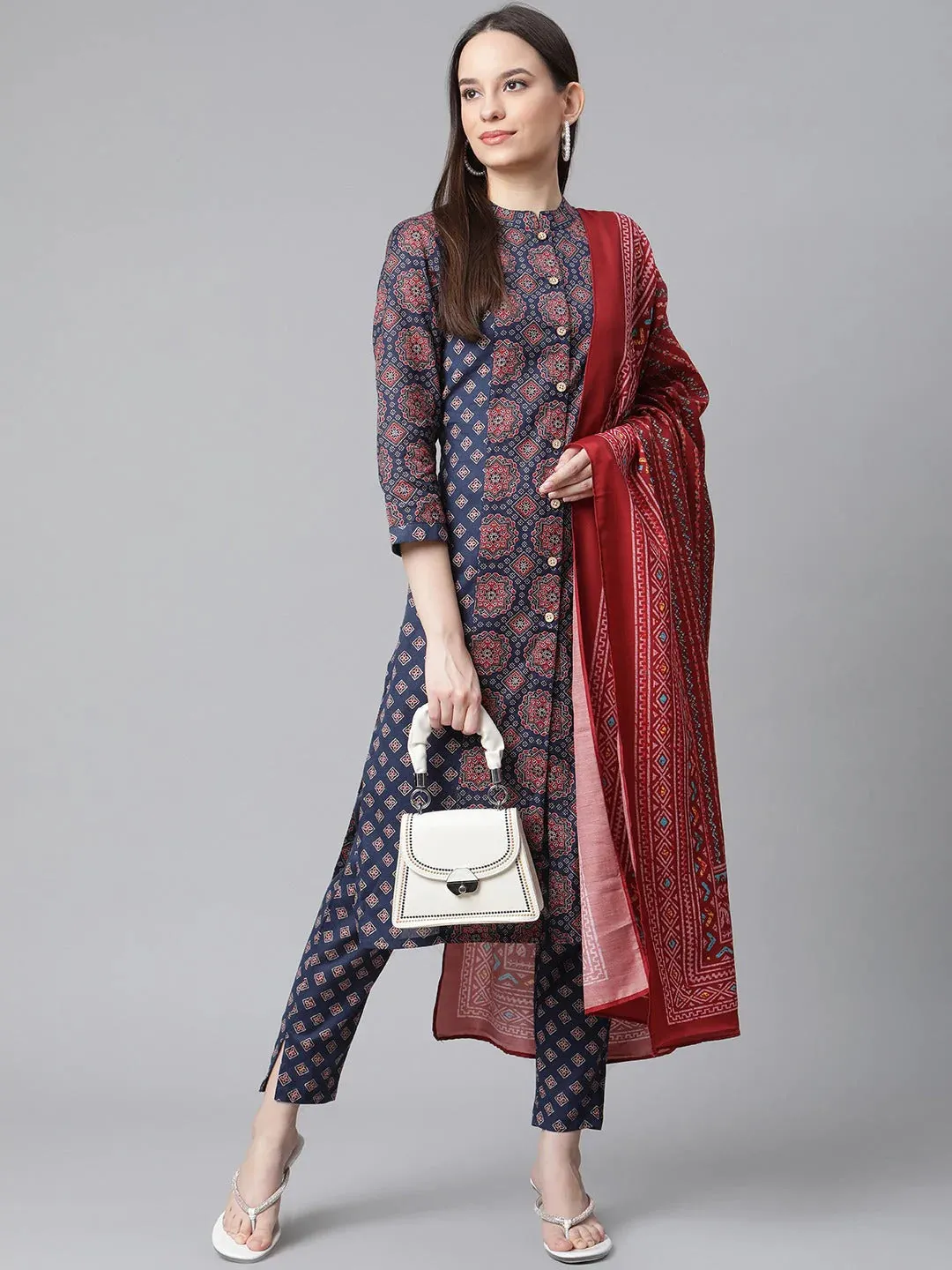 Women Blue & Maroon Printed Regular Pure Cotton Kurta With Trousers & With Dupatta