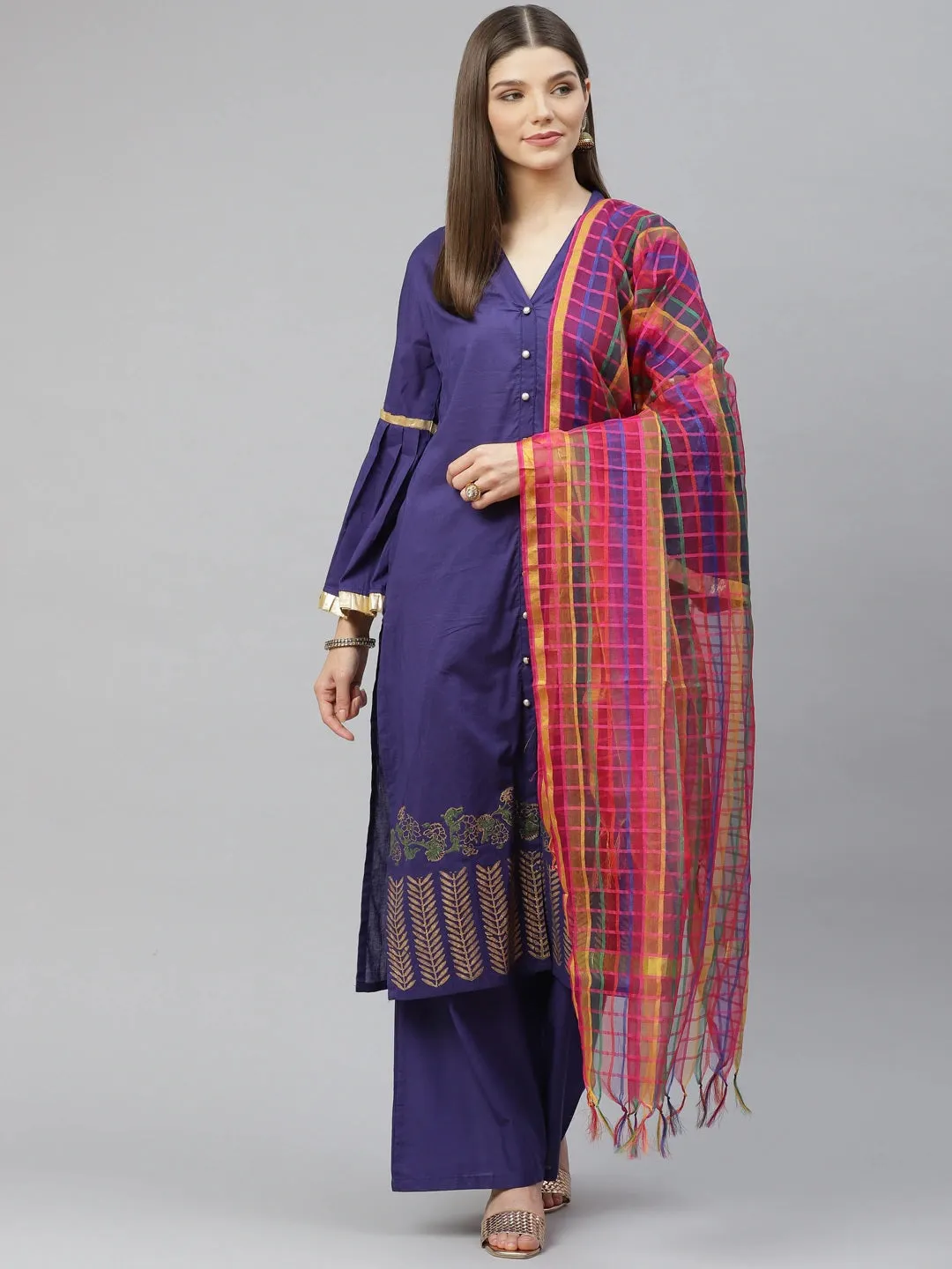 Women Blue Ethnic Motifs Printed Regular Pure Cotton Kurta With Palazzos & With Dupatta