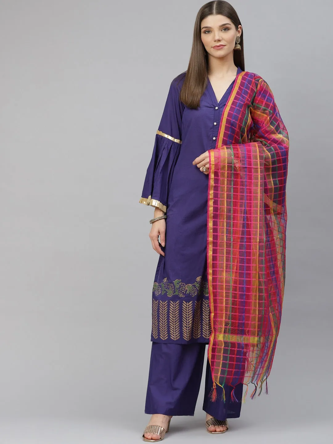 Women Blue Ethnic Motifs Printed Regular Pure Cotton Kurta With Palazzos & With Dupatta