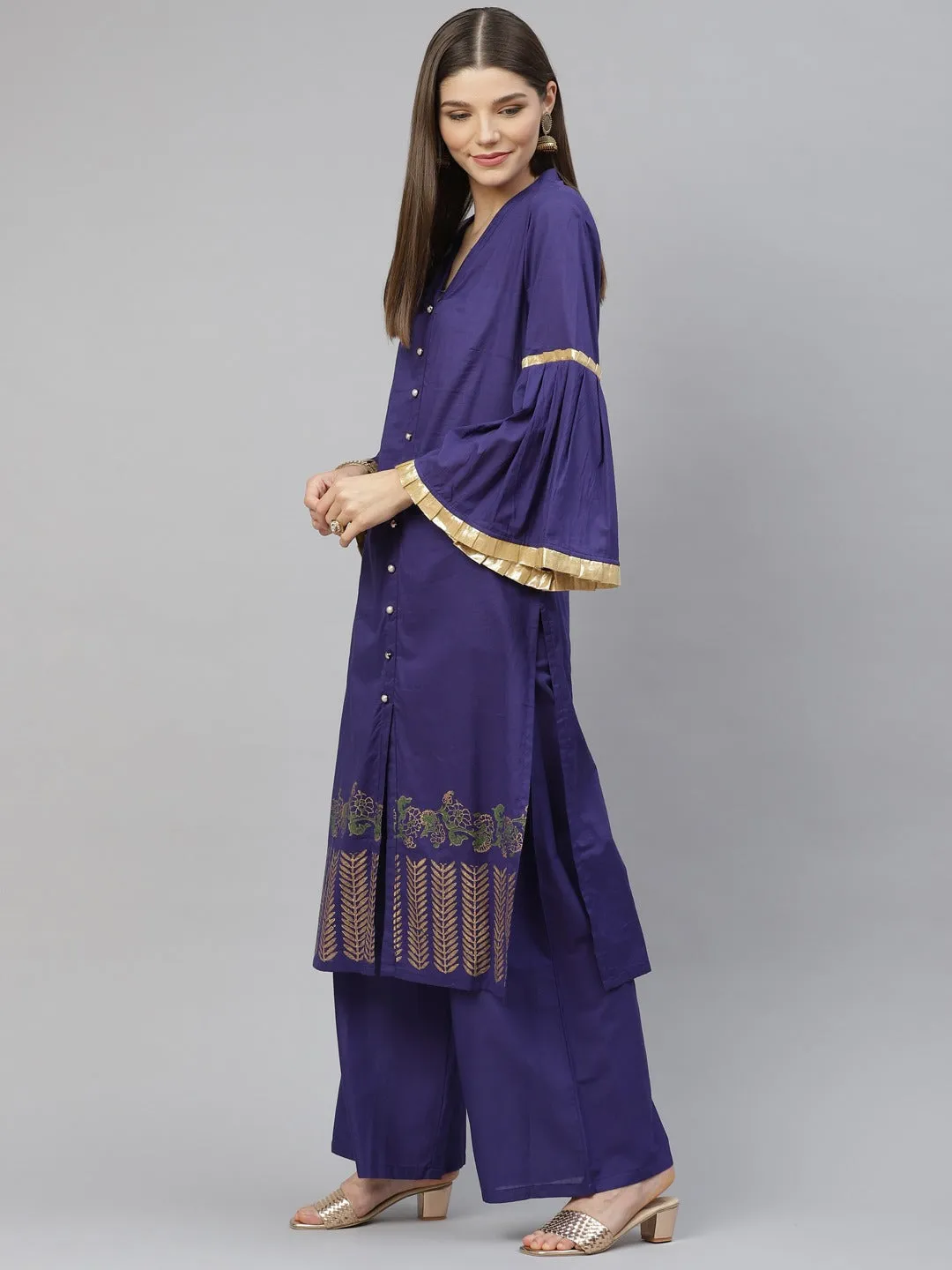 Women Blue Ethnic Motifs Printed Regular Pure Cotton Kurta With Palazzos & With Dupatta