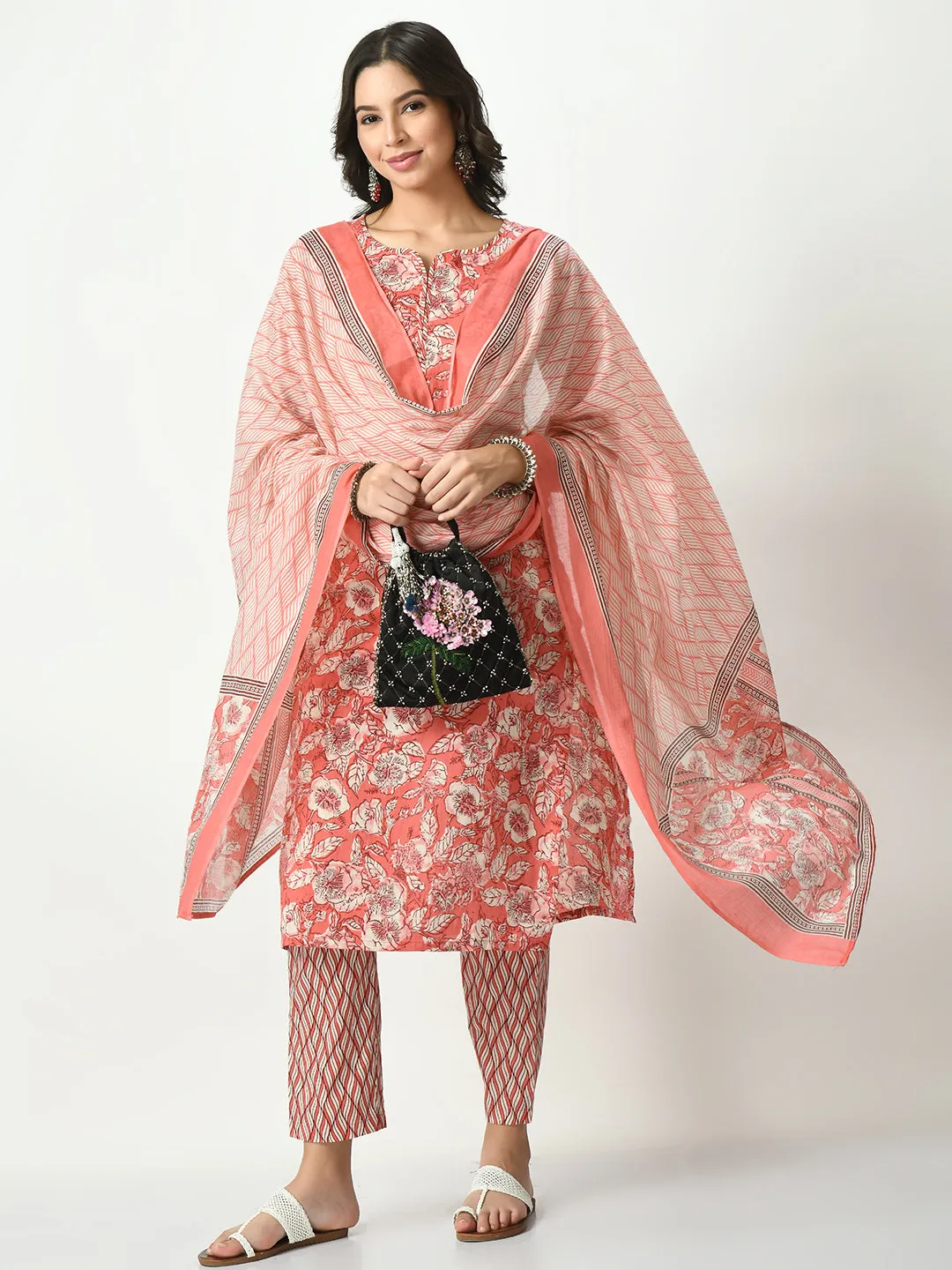 Women Coral Printed Pure Cotton Kurta With Trousers & Dupatta