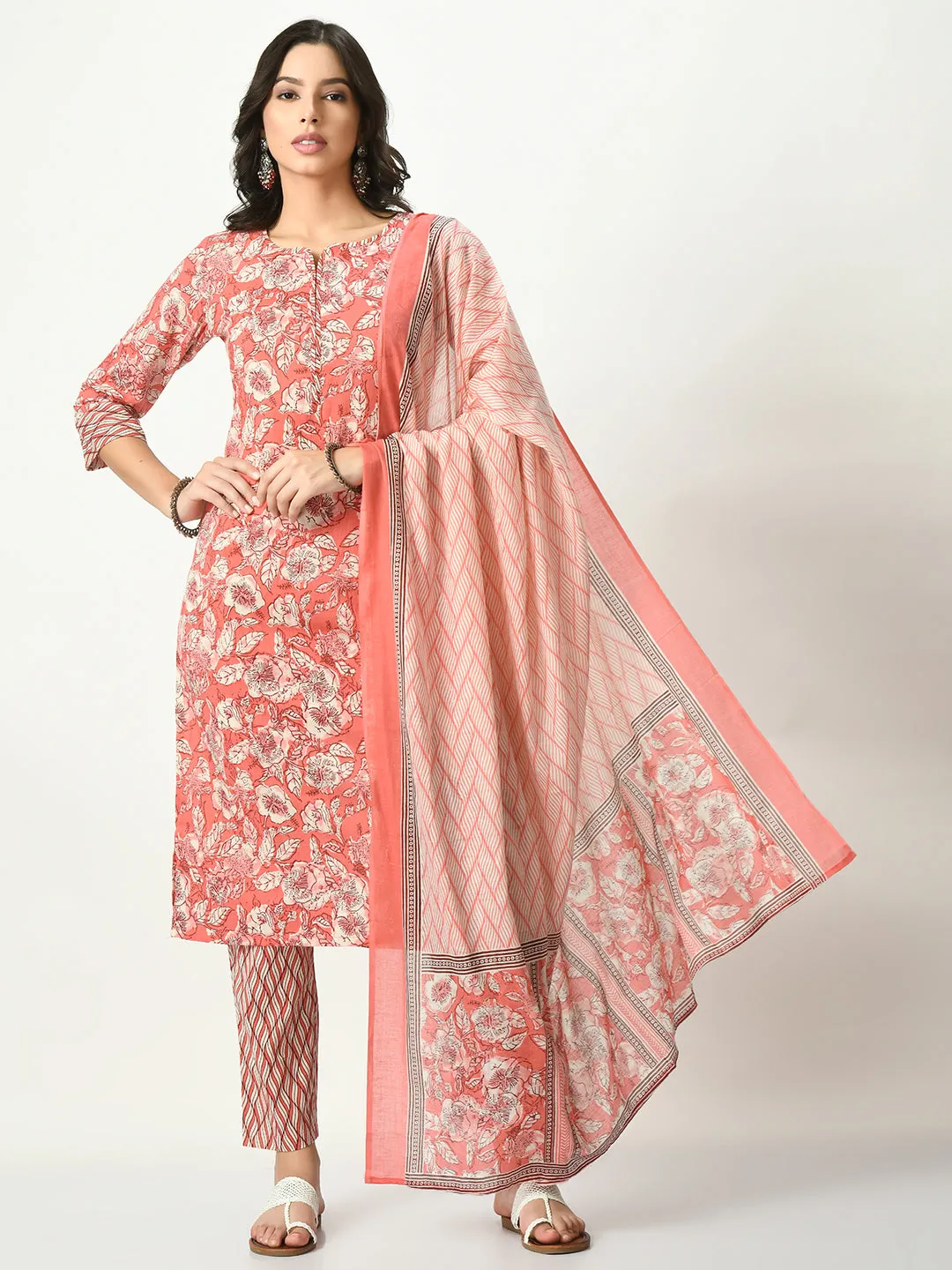 Women Coral Printed Pure Cotton Kurta With Trousers & Dupatta