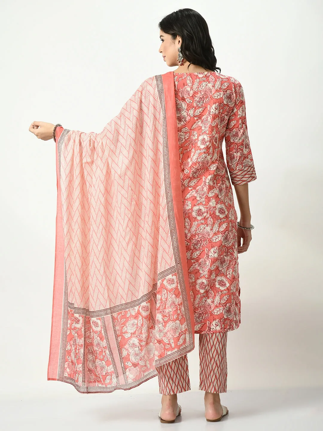 Women Coral Printed Pure Cotton Kurta With Trousers & Dupatta