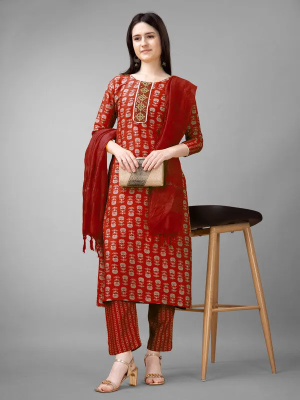 Women Embroidered Rayon Kurta Pant Dupatta Set