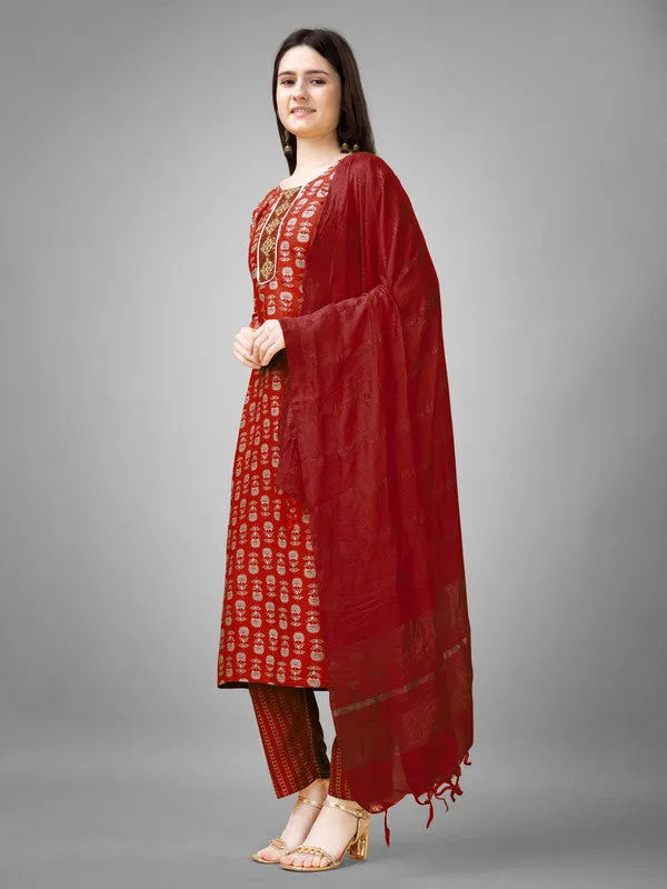 Women Embroidered Rayon Kurta Pant Dupatta Set