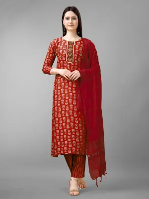 Women Embroidered Rayon Kurta Pant Dupatta Set