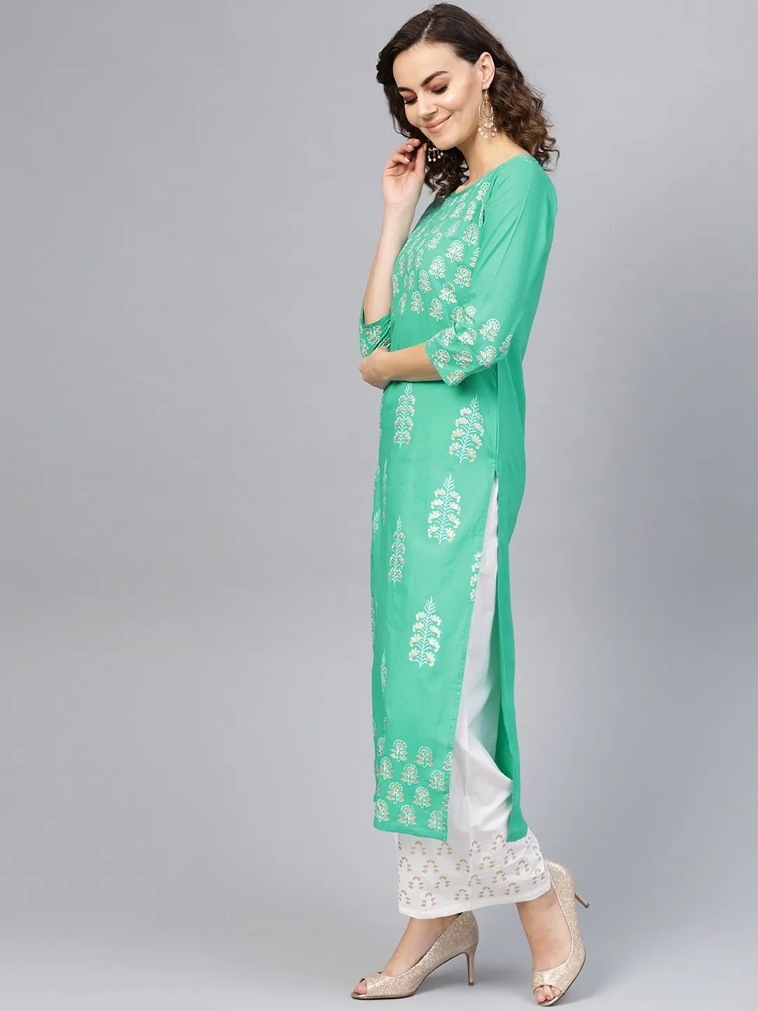 Women Green & White Printed Kurta With Palazzos