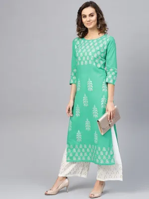 Women Green & White Printed Kurta With Palazzos