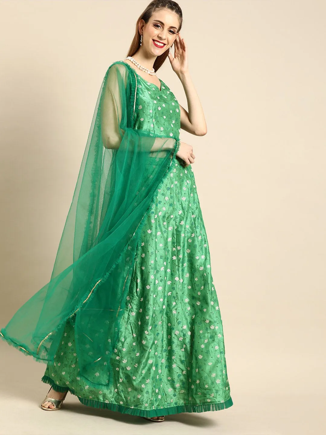 Women Green Printed Dola Silk Lehenga Choli With Dupatta