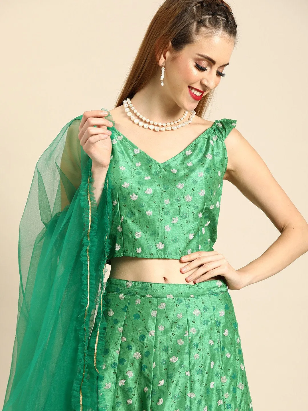 Women Green Printed Dola Silk Lehenga Choli With Dupatta