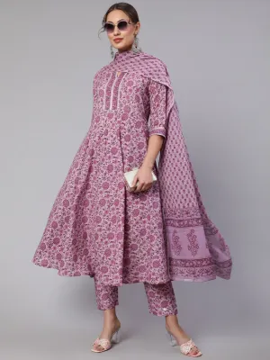 Women Lavender Floral Printed Kurta With Palazzo And Dupatta