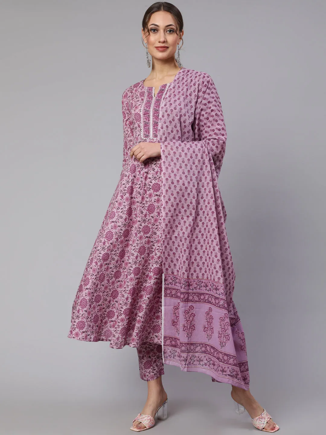 Women Lavender Floral Printed Kurta With Palazzo And Dupatta