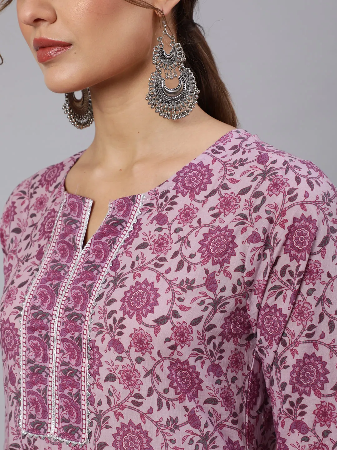 Women Lavender Floral Printed Kurta With Palazzo And Dupatta