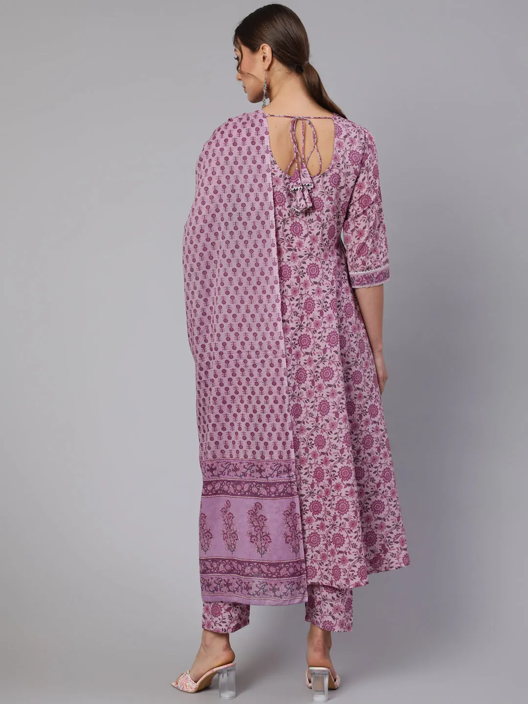 Women Lavender Floral Printed Kurta With Palazzo And Dupatta