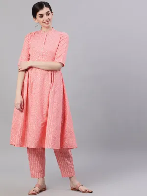 Women Light Pastel Pink Three-Quarter Sleeves Flared Kurta With Palazzo