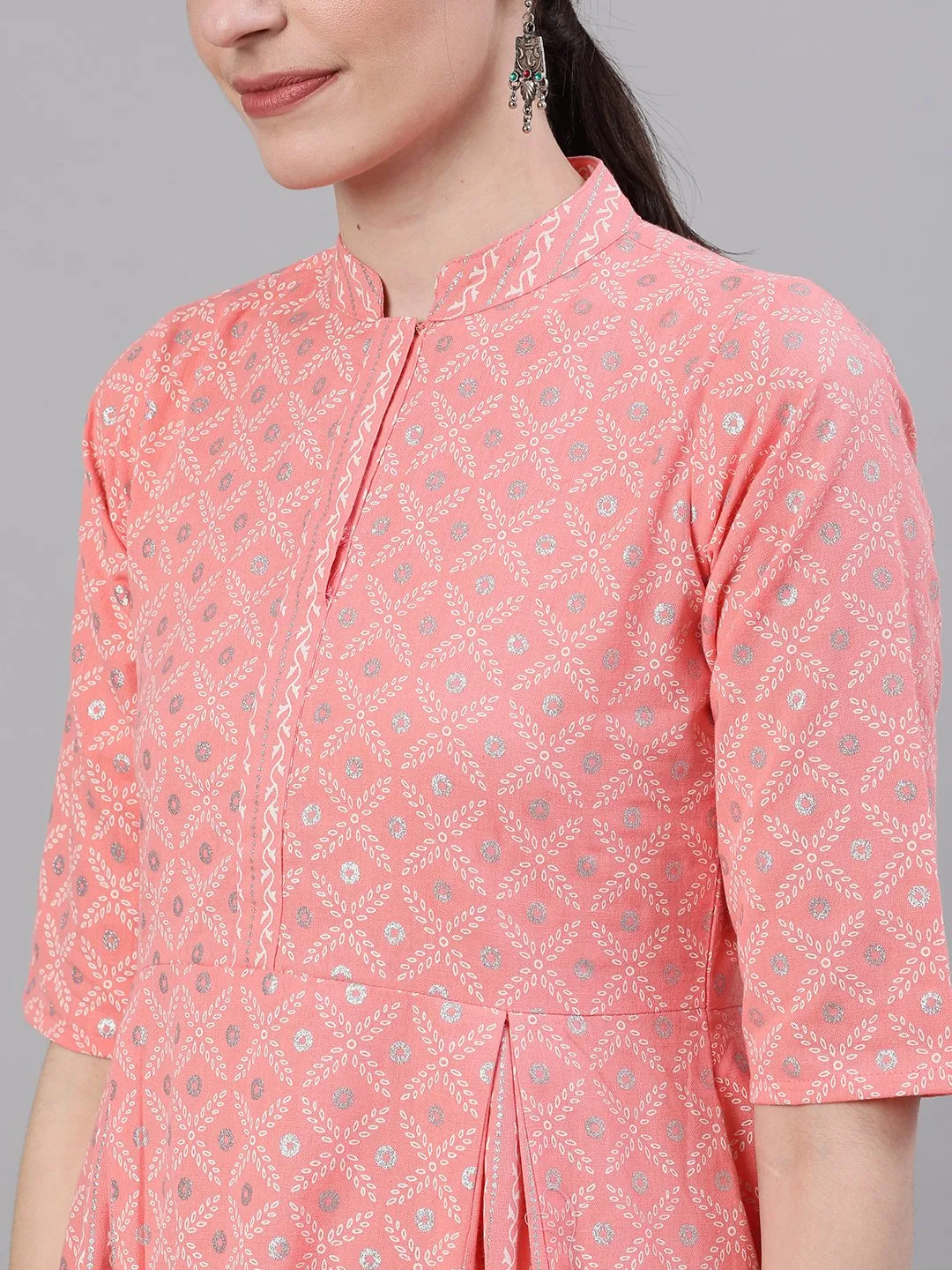 Women Light Pastel Pink Three-Quarter Sleeves Flared Kurta With Palazzo