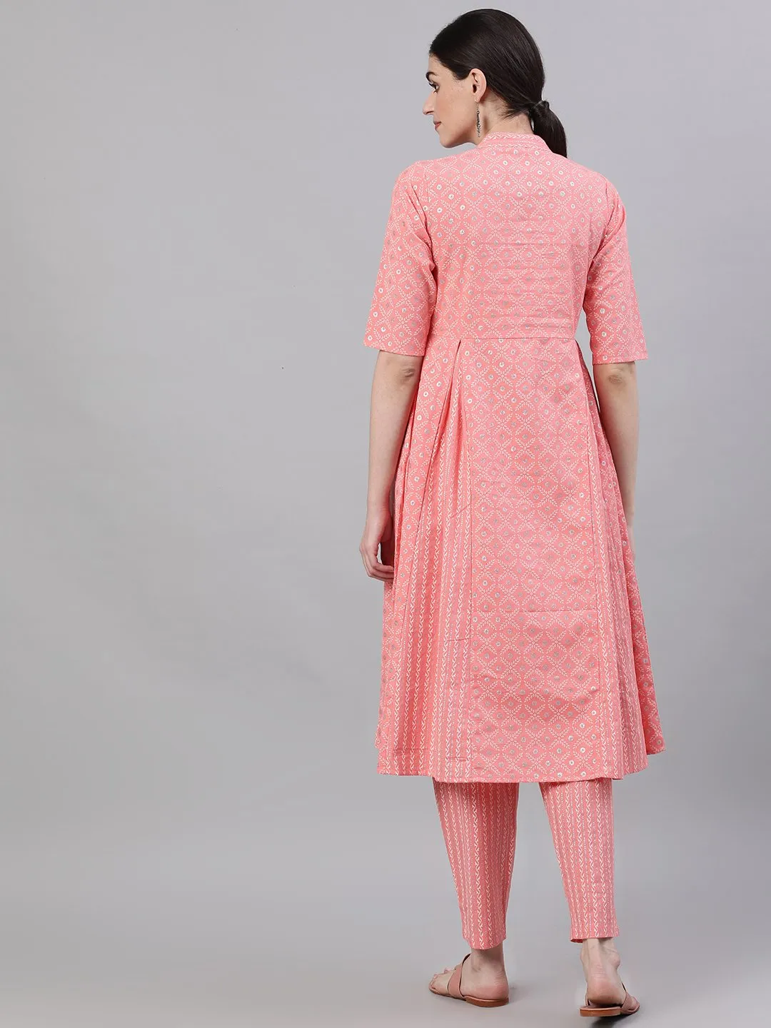 Women Light Pastel Pink Three-Quarter Sleeves Flared Kurta With Palazzo