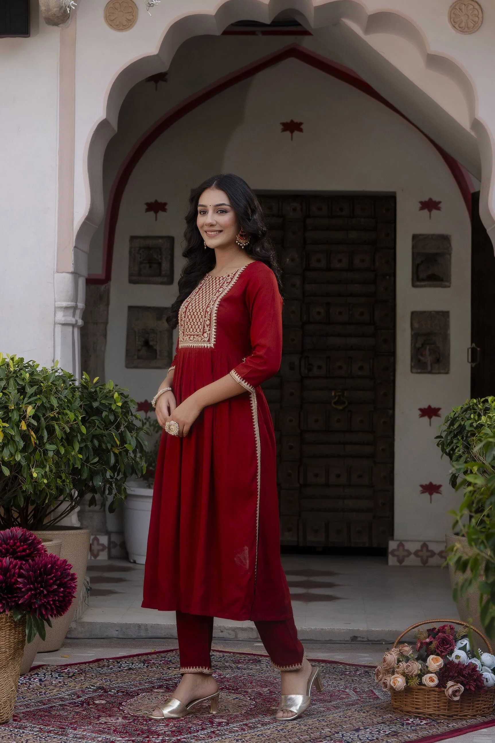 Women Maroon Embroidered Naira Cut Kurta With Trouser And Net Dupatta