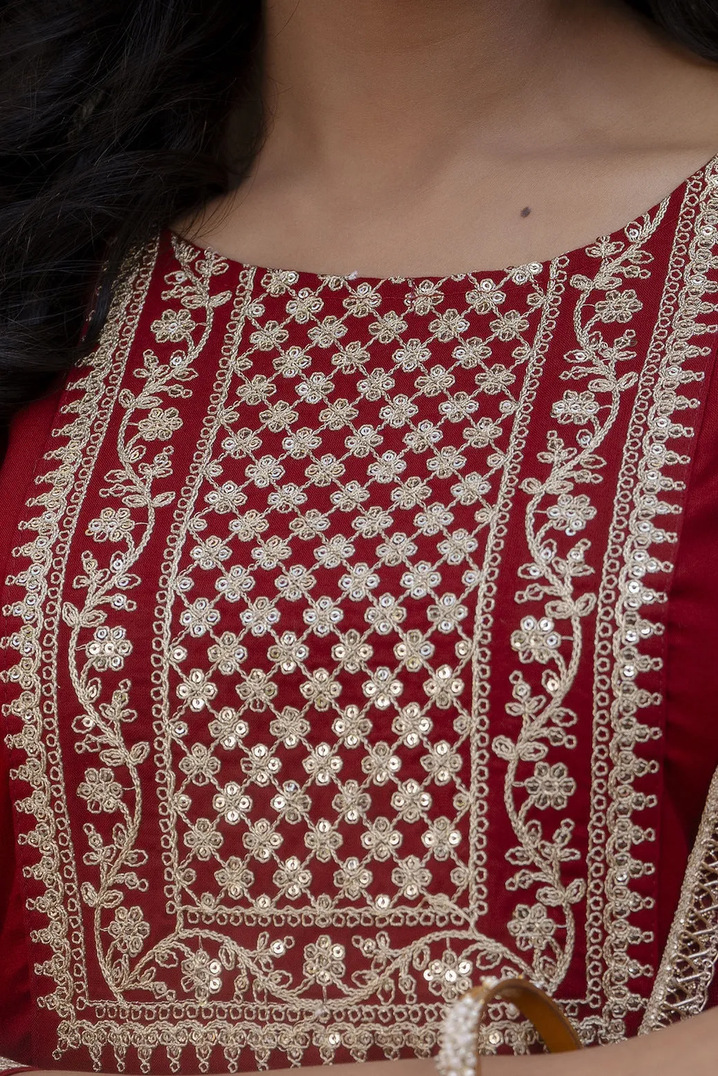 Women Maroon Embroidered Naira Cut Kurta With Trouser And Net Dupatta