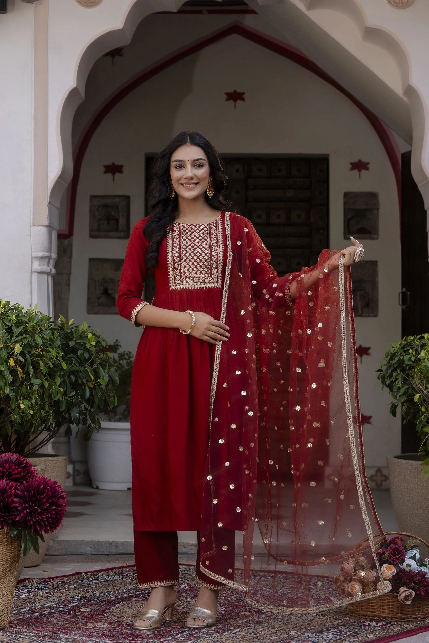 Women Maroon Embroidered Naira Cut Kurta With Trouser And Net Dupatta