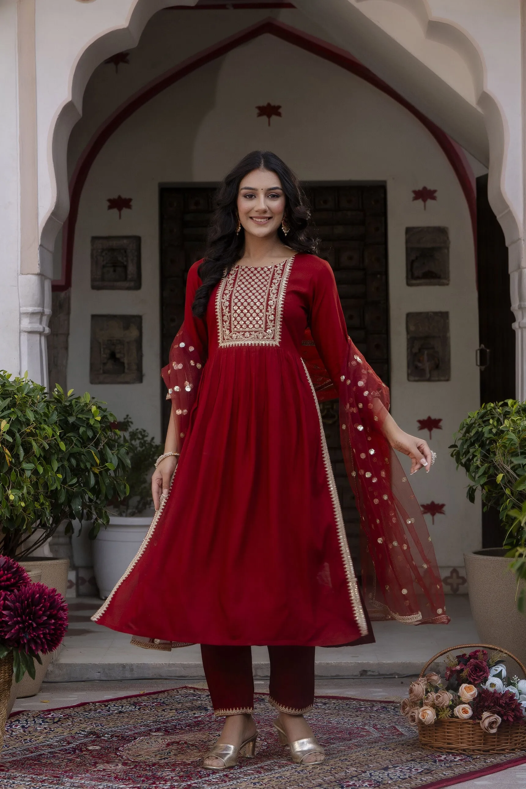 Women Maroon Embroidered Naira Cut Kurta With Trouser And Net Dupatta