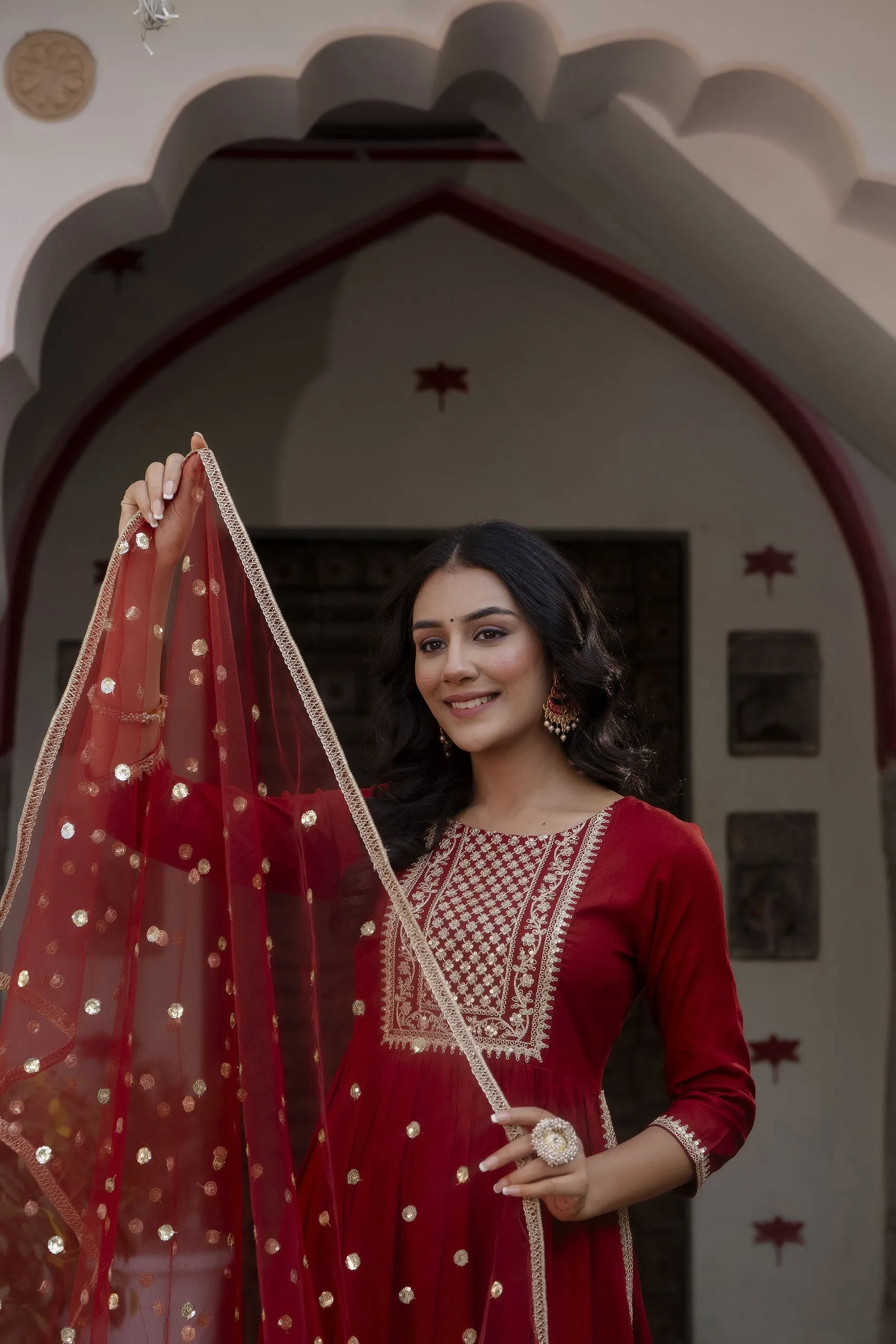 Women Maroon Embroidered Naira Cut Kurta With Trouser And Net Dupatta