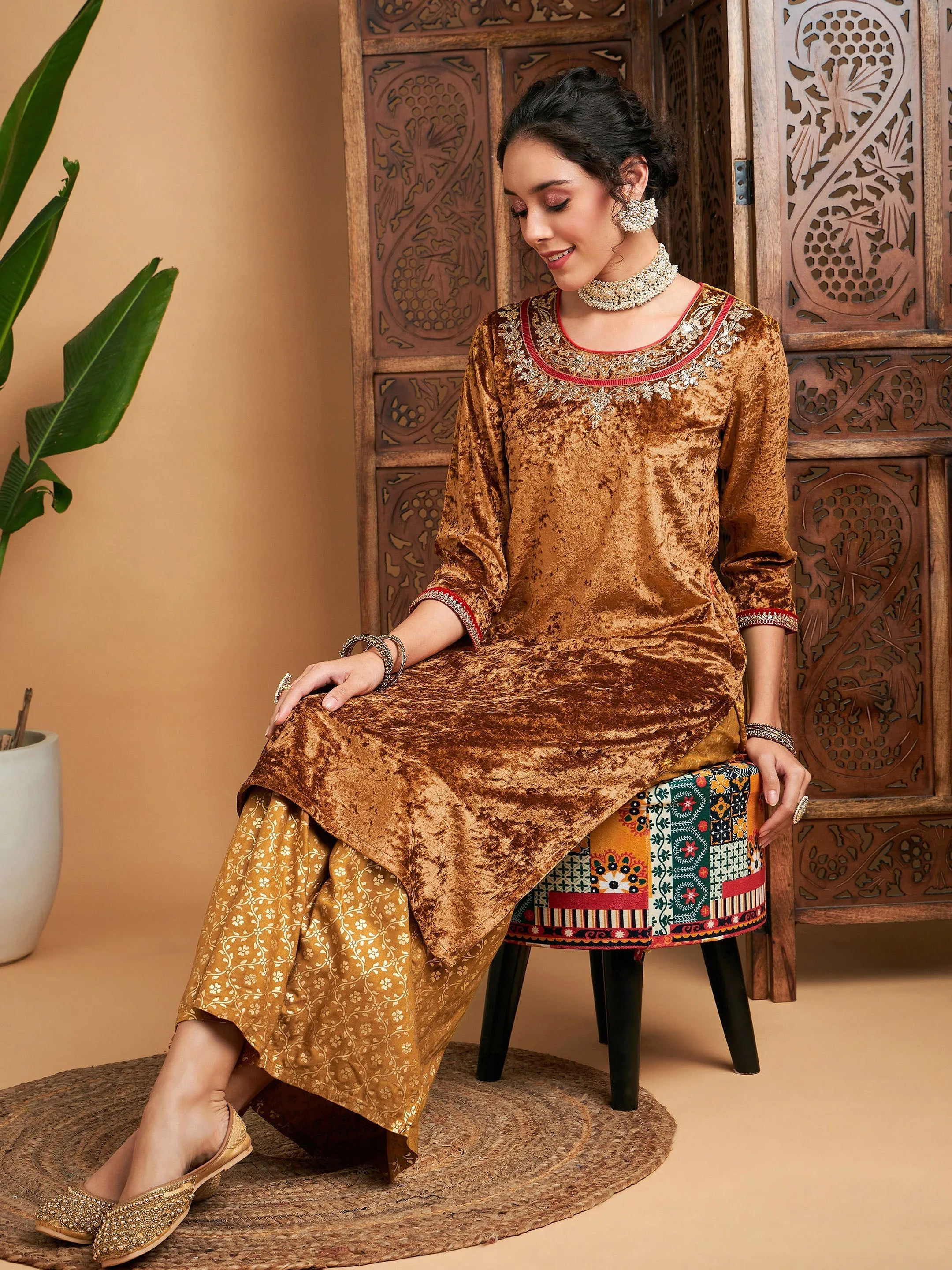 Women Mustard Velvet Embroidered Kurta With Foil Palazzos