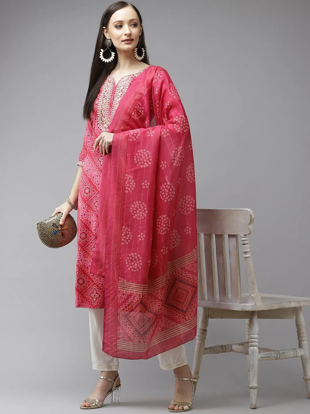 Women Pink Bandhani Printed Dupatta Set