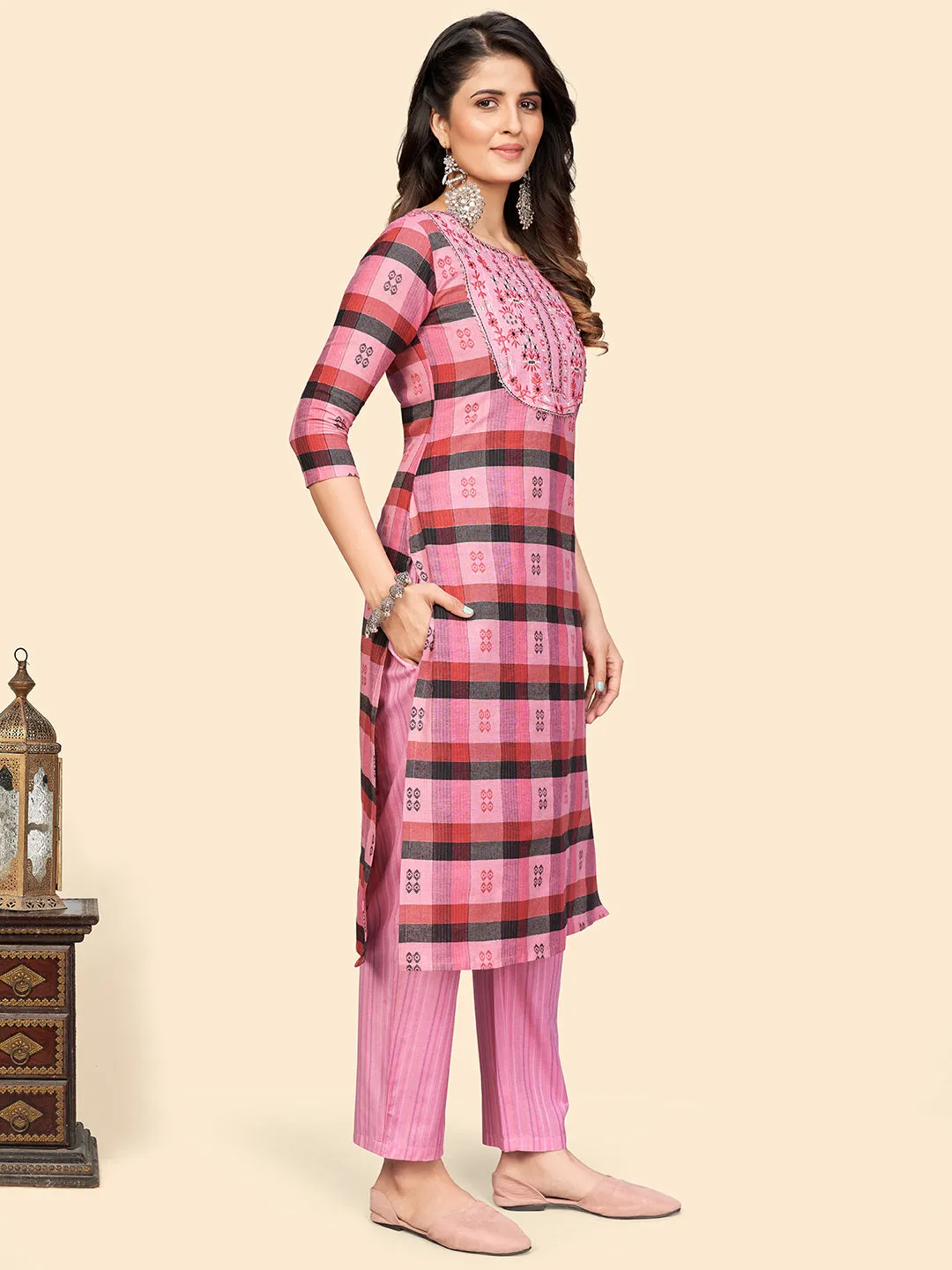 Women Pink Cotton Kurta With Pant & Dupatta (3Pcs Set)