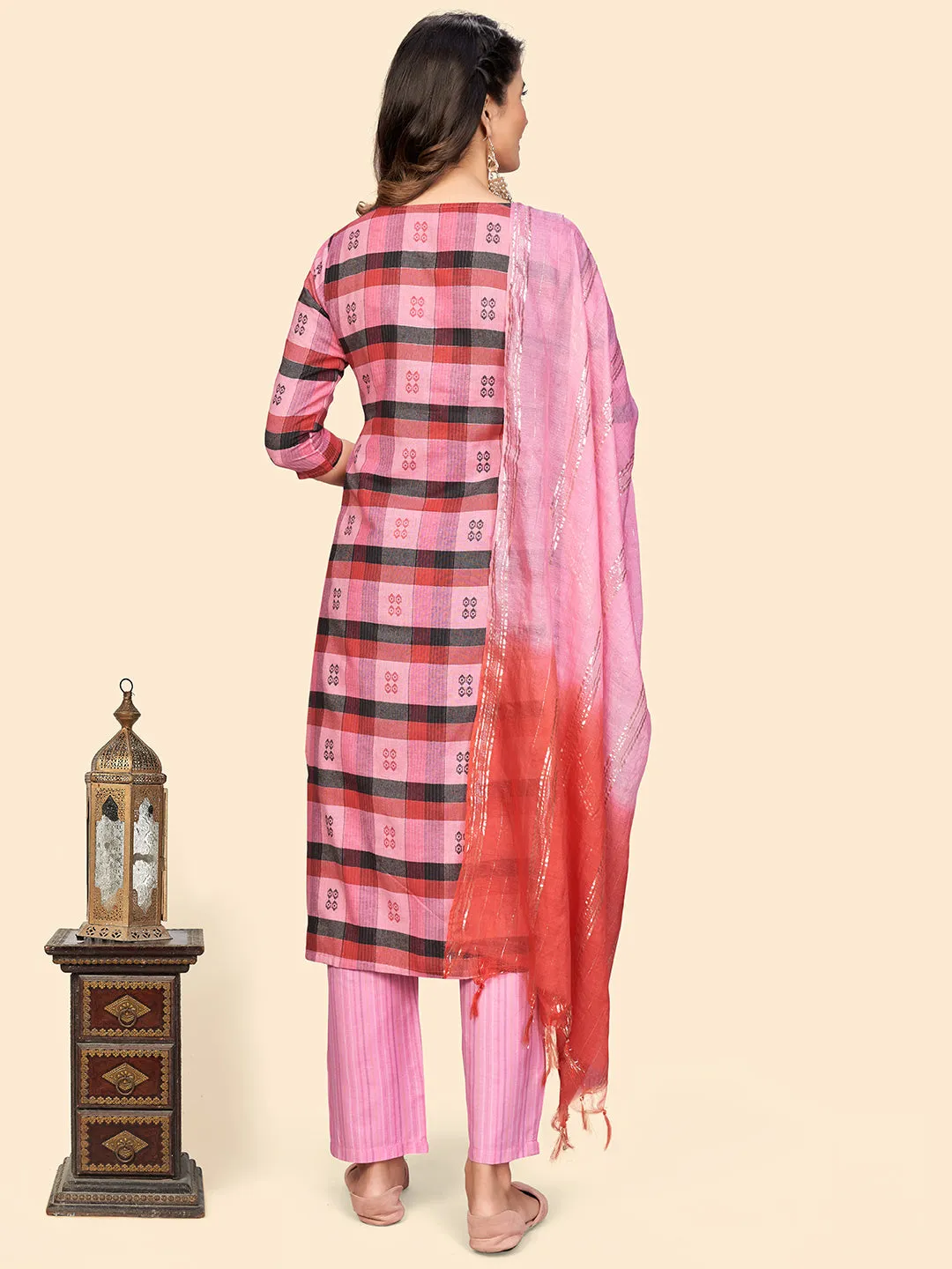 Women Pink Cotton Kurta With Pant & Dupatta (3Pcs Set)