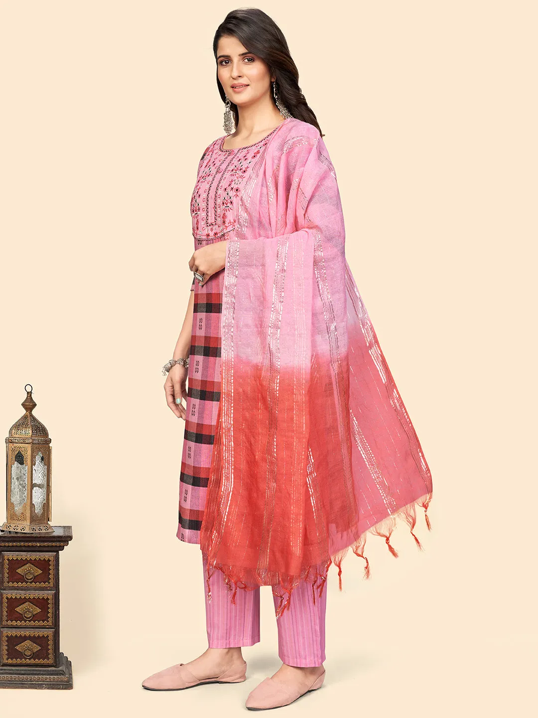 Women Pink Cotton Kurta With Pant & Dupatta (3Pcs Set)