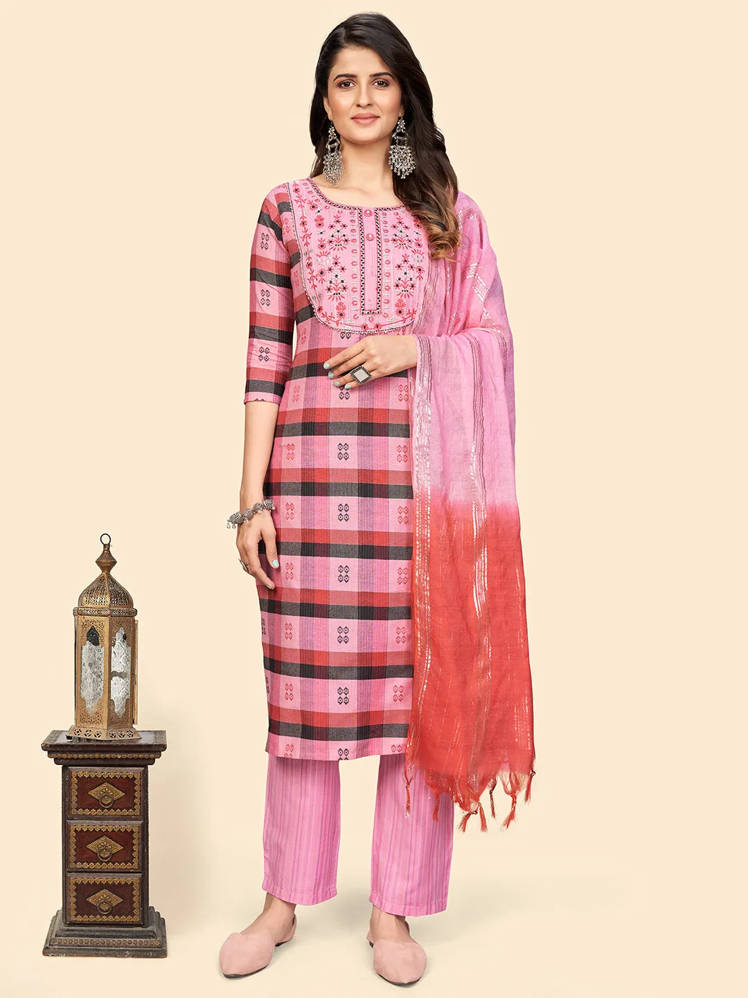 Women Pink Cotton Kurta With Pant & Dupatta (3Pcs Set)