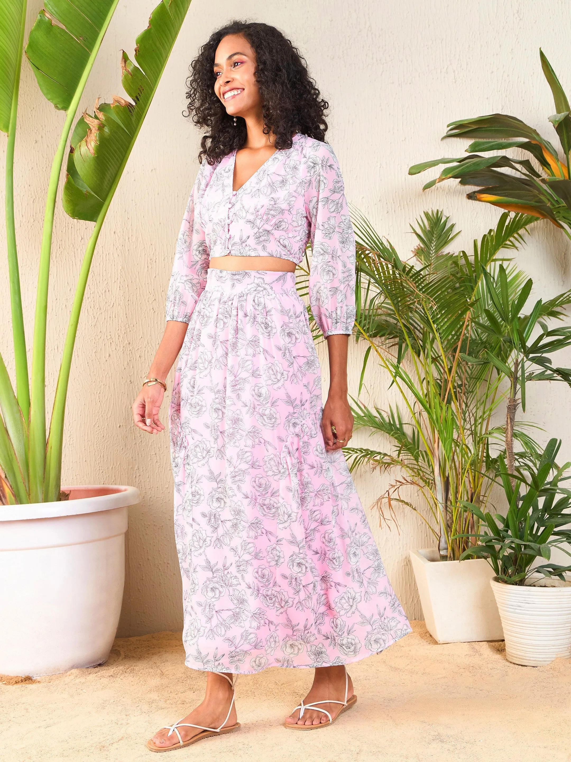 Women Pink Floral Crop Top With Flared Midi Skirt